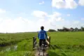 Waddenzee and Friesland staff Sandra cycling through polder landscape scaled