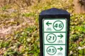 Bicycle fingerpost showing the directions through the dunes in northern holland sign is showing the routes with their numbers